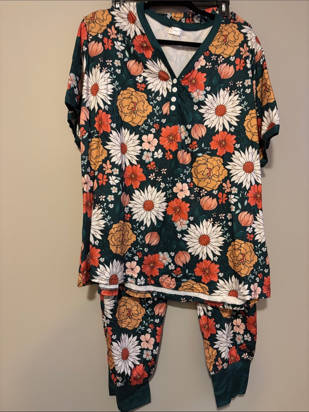Floral Henley Pajama Set in Dark Green with White & Orange Flowers